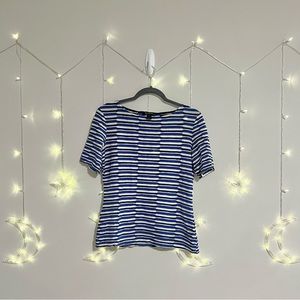 St. John Textured Blue & White Stripe Short Sleeve Blouse